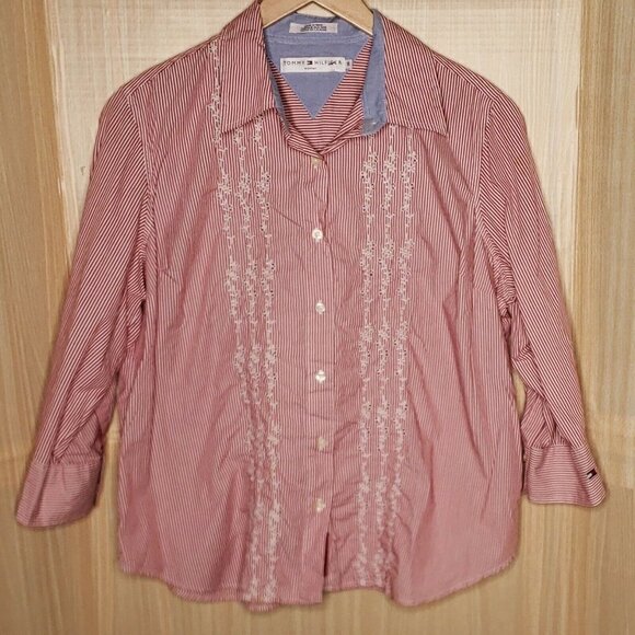 Tommy Hilfiger Womens Red White Stripe 3/4 Sleeve Button Down Eyelet Detail 16 - Picture 1 of 6